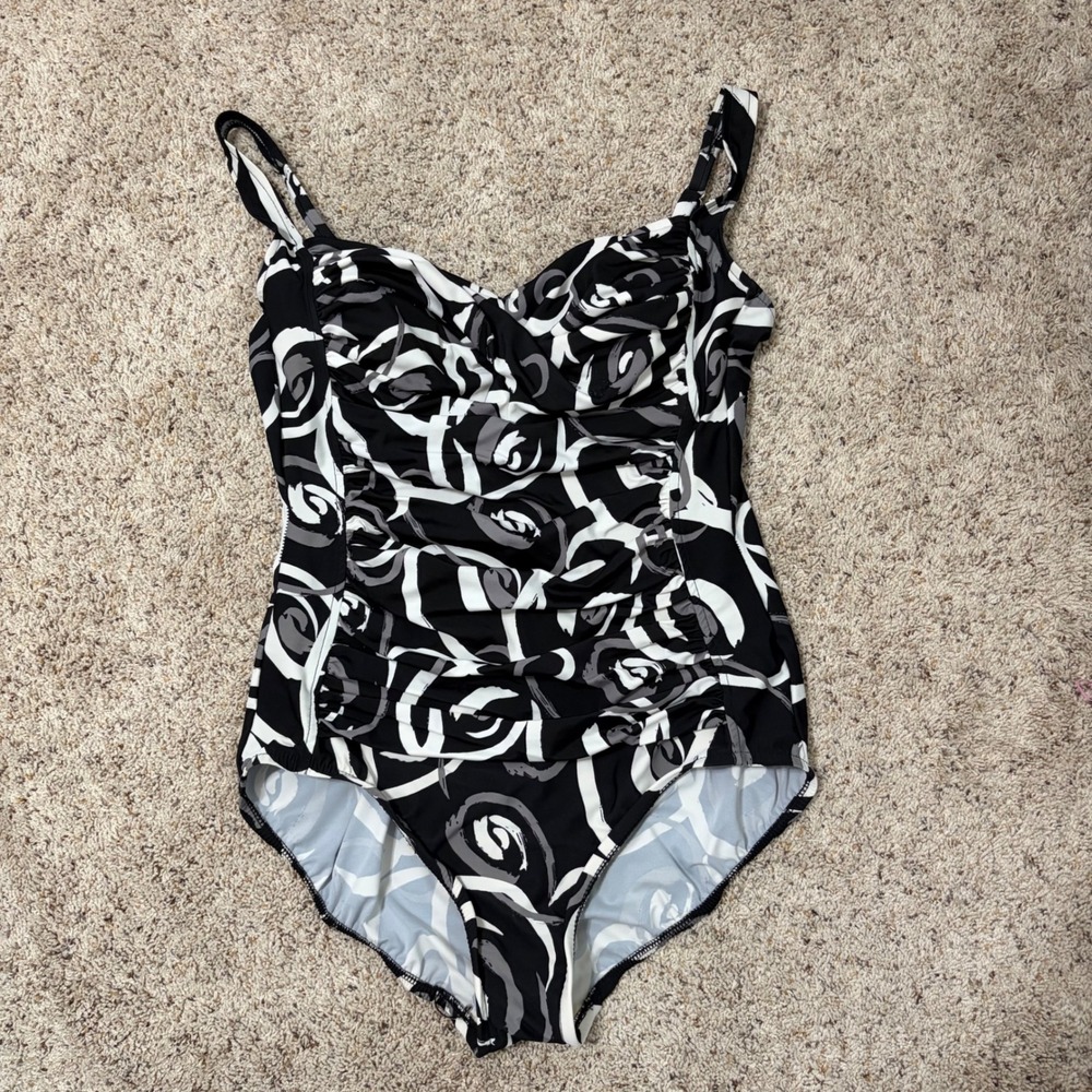 Trimshaper Womens One Piece Swimsuit Black White Swirl Ruched Slimming Size 14